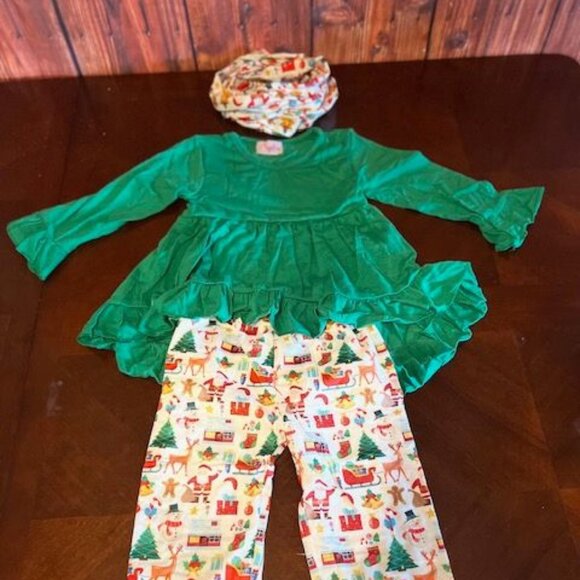 Christmas Toddler Girls Outfit Set Green Ruffle Dress & Printed Pants  Kids - Picture 1 of 9